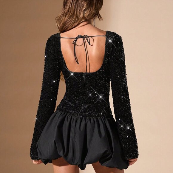 Black Party Women's Christmas Sequin Patchwork Lantern Sleeve Dress - Picture 2 of 5